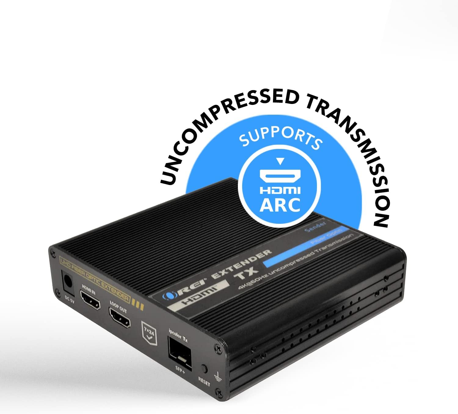 OREI 4K HDMI Extender Balun, Transmitter Only Over Fiber Optic Cable UltraHD 4K @ 60Hz 4:4:4 DR, CEC, ARC & IR Support, RS-232 SFP+ LR - Up to 40 KM - ARC Audio Out One to Many Optical Audio Out