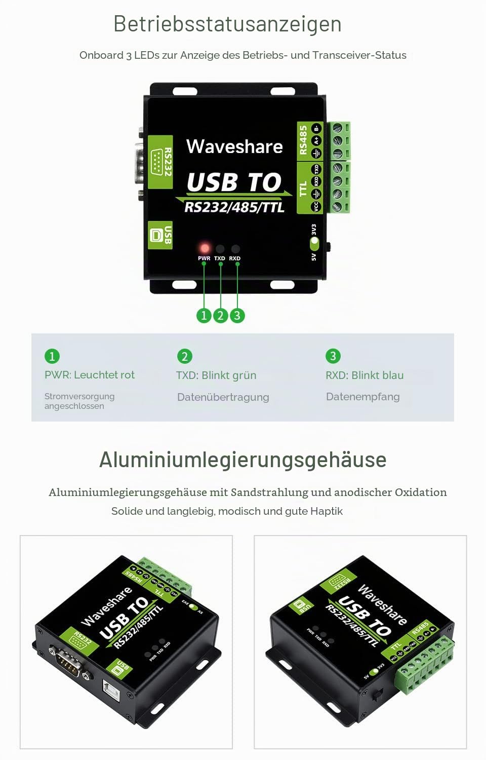 Waveshare CH343G USB to RS232/485/TTL Interface Industrial Isolated Converter Protection Circuits and Aluminium Alloy Enclosure for Industrial Control Equipments