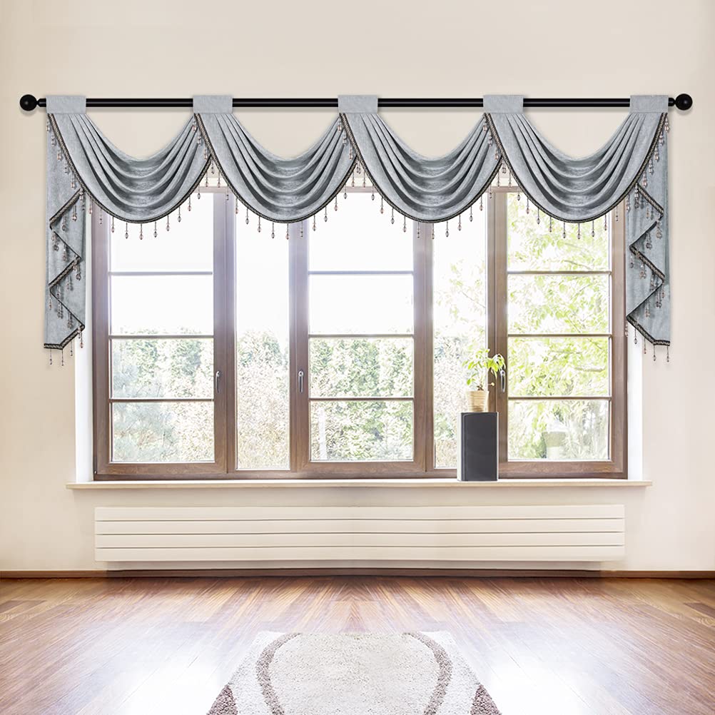 ELKCA Silver Grey Chenille Waterfall Valance for Living Room with Beads, 4 Hollow Swag Valance for Bedroom, Rod Pocket, 1 Panel