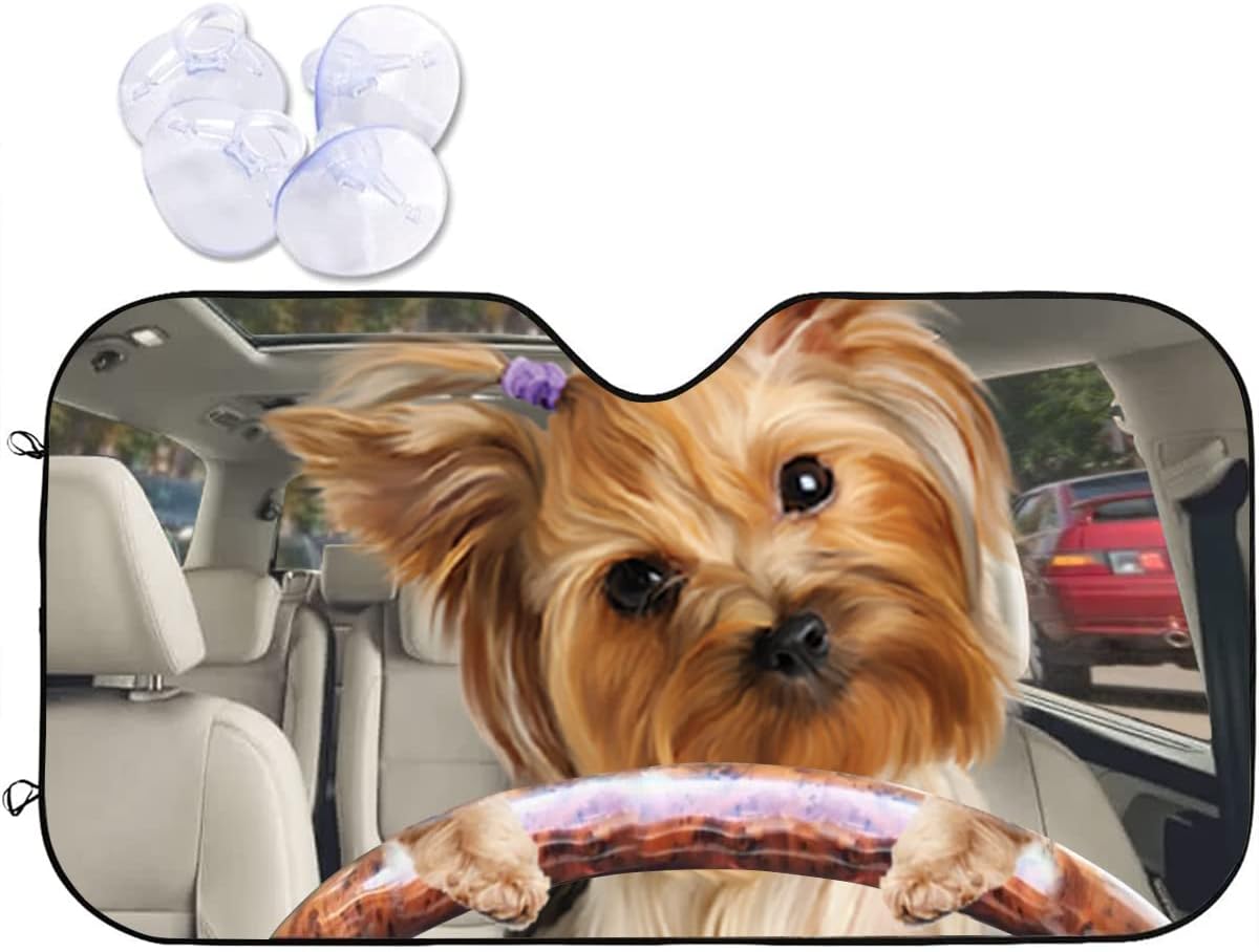 Yorkshire Terrier Dog Car Sun Shade, Yorkie Dog Driving Car Windshield Auto Sun Shade, Windshield Auto Accessories for Dog Lovers, Window Sunshade Visor Protector Blocks UV Rays Keeps Vehicle Cool