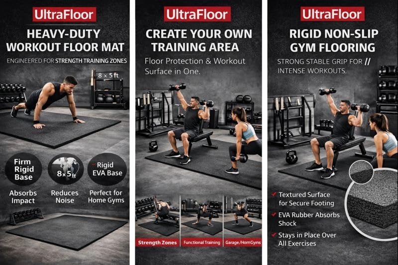 Image of UltraFloor EVA Rubber Gym Flooring Mat 8x5 Ft | 30mm Thick Shock-Absorbing Base for Treadmill & Weight Training | Anti-Slip, Sound-Dampening Exercise Pad