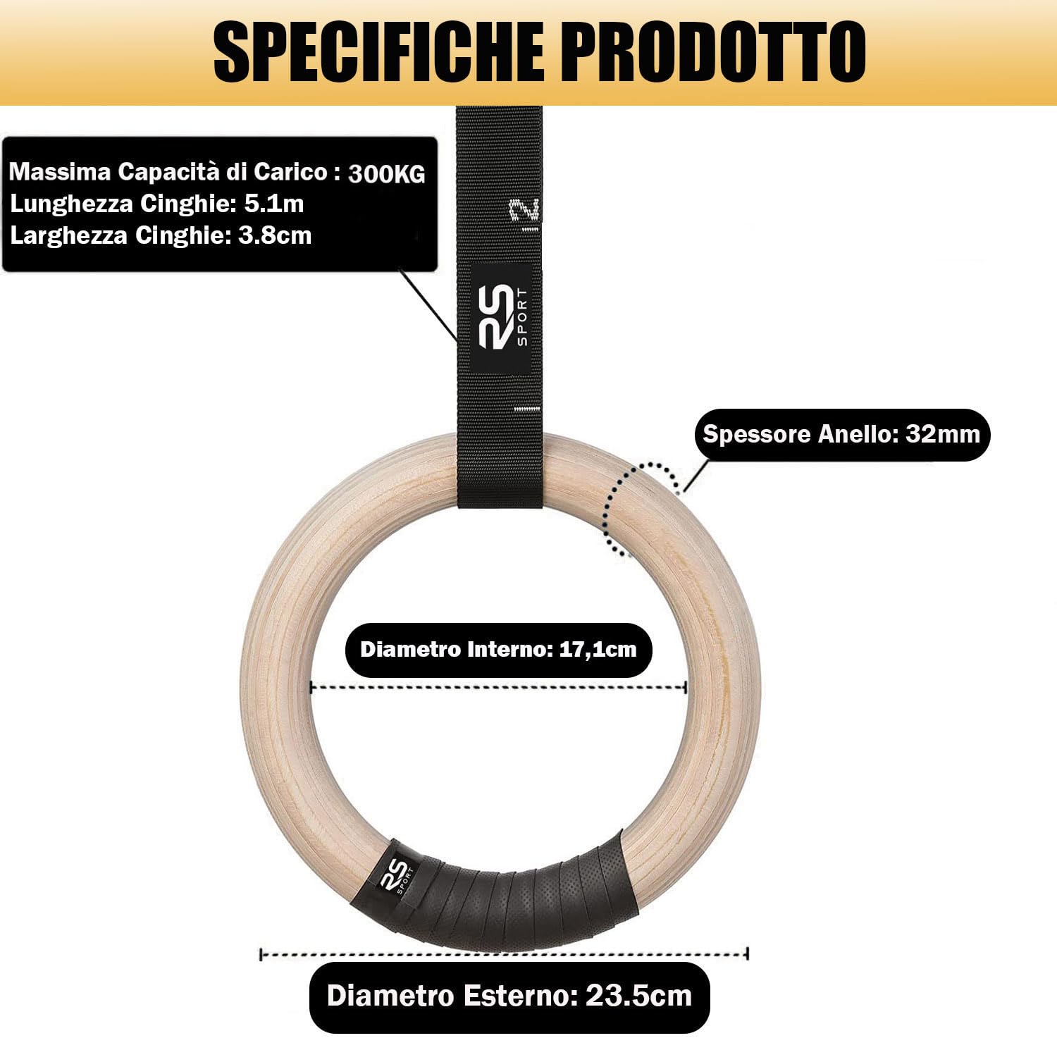 RS Sport Anillos Calisthenics, Anillos de Gimnasia de Madera de 32 mm, Anillos de Gimnasio Profesionales para dominadas, Entrenamiento de Cuerpo Libre, Gimnasio en casa, Fitness, Crossfit