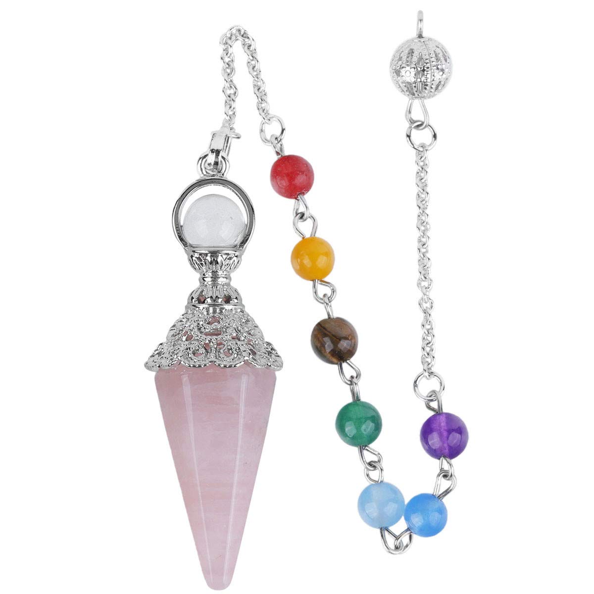 Rockcloud Natural Rose Quartz Crystal Pointed Pendulum with 7 Chakra Stone Beads Chain, 6 Facet Reiki Chakra Pendant for Divination Dowsing