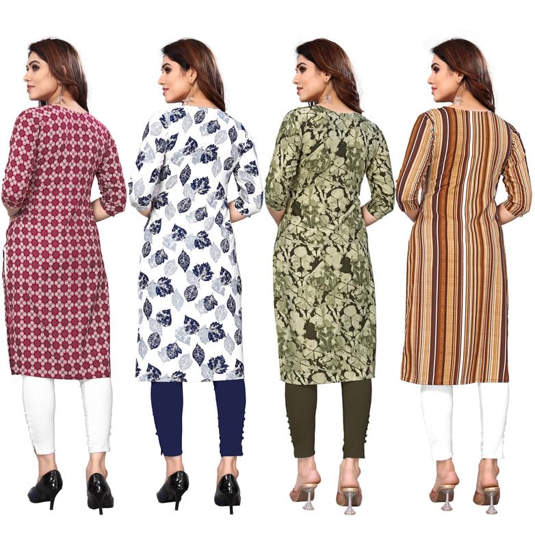 Image of JAKHANA Women's Crepe Printed Casual Straight Calf Length Round Nick Kurta Pack of 4