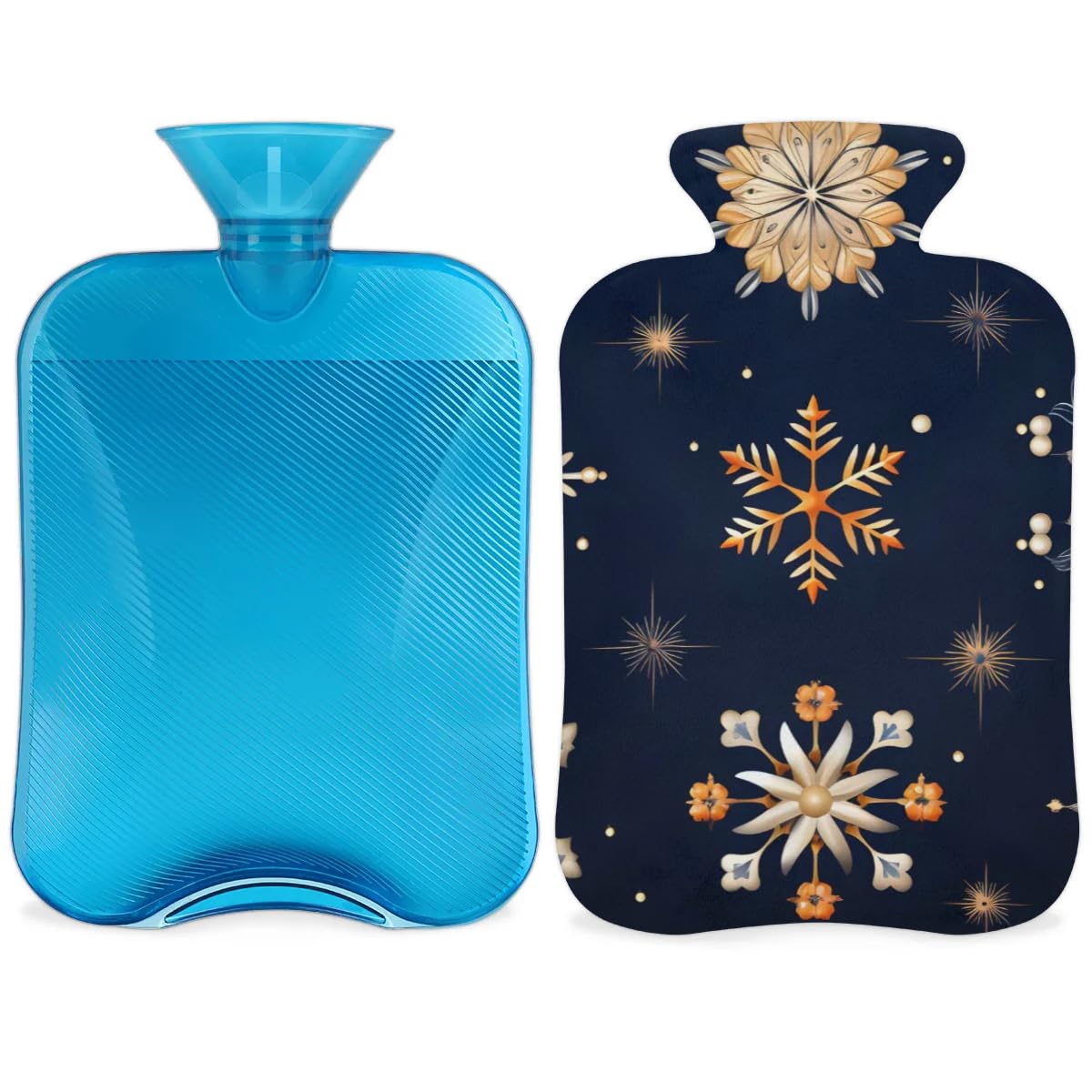 Hot Water Bottle with Soft Cover,2L Christmas Snowflakes Hot Water Bag for Hot and Cold Compress, Hand Feet Warmer, Oil Painting Snowflakes Rubber Hot Cold Water Bottle Halloween Christmas Decorations