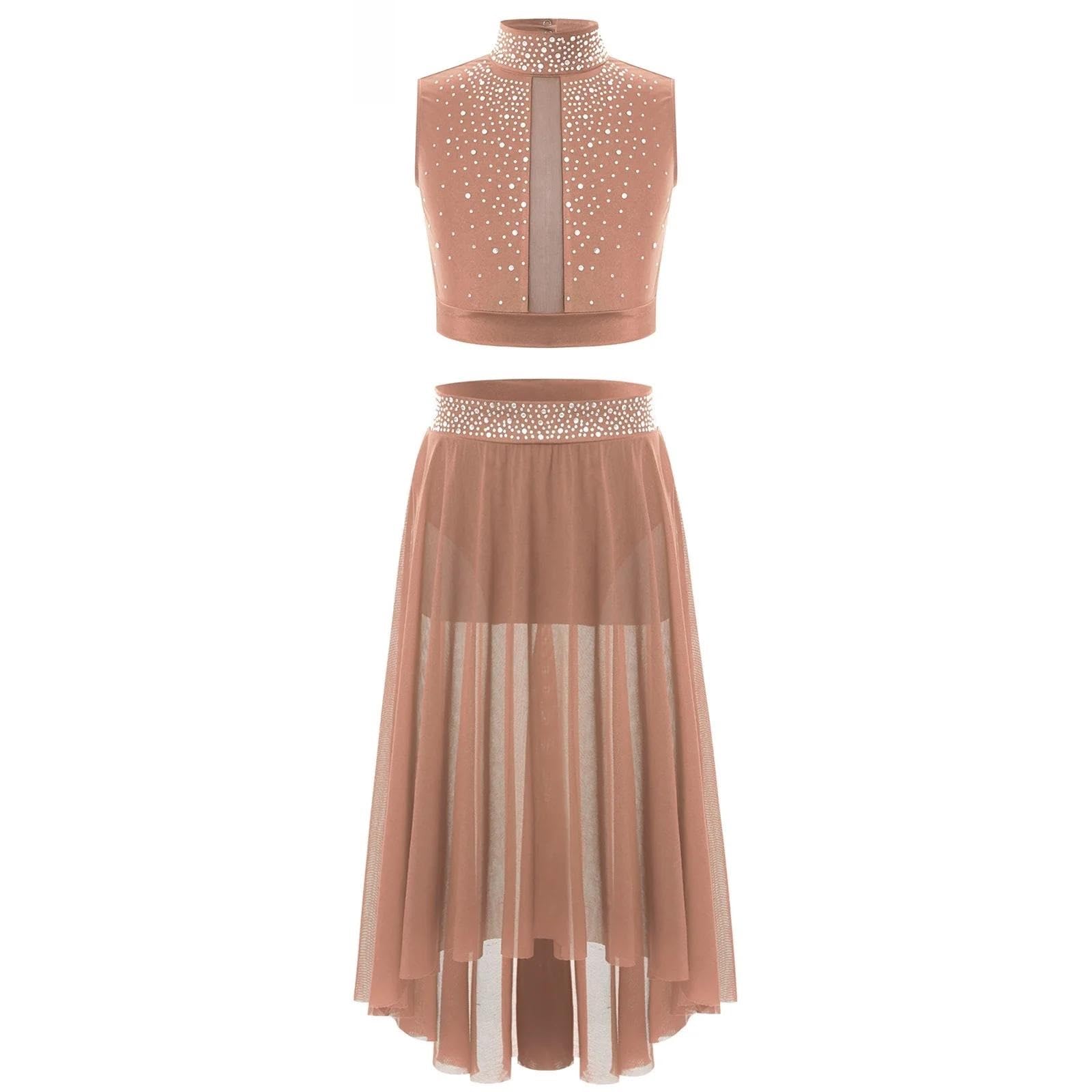 Disfraz Gimnasta NiñA Ropa de baile moderna for niñas, atuendo de baile lírico, traje de patinaje artístico de ballet, top corto sin mangas con diamantes de imitación y falda de malla(Pink,16)