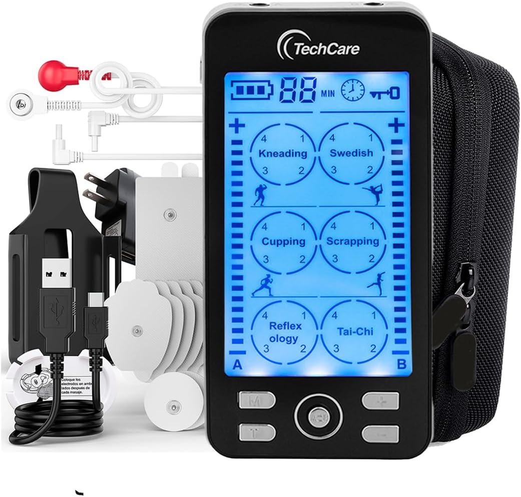TechCare Massager Tens Unit Plus 24 Muscle Stimulator Device Machine Pulse with Protective Cover Case Sciatica Plantar Fasciitis Tennis Elbow Back Shoulder Neck