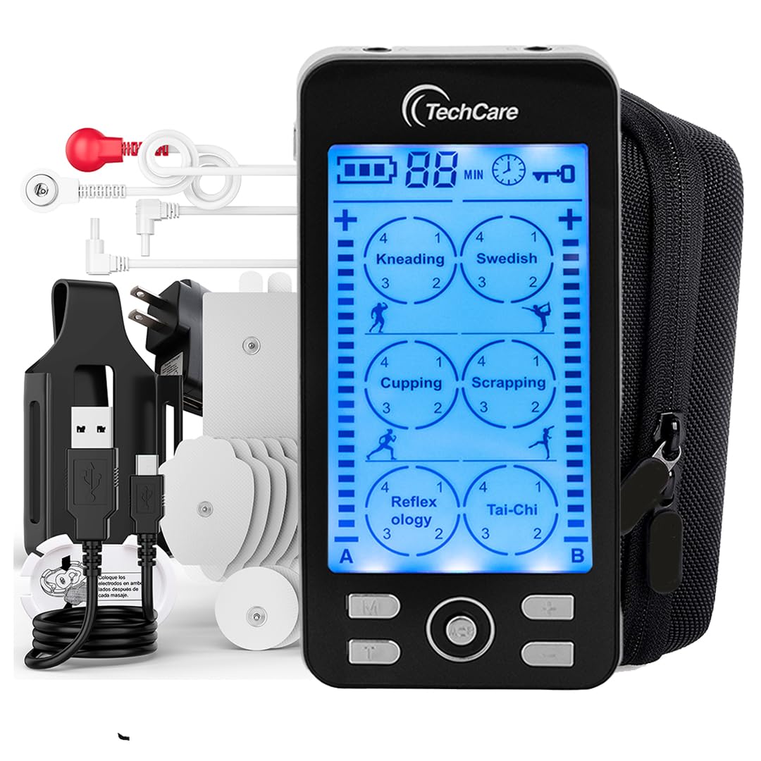 TechCare Plus 24 Dual-Channel TENS/EMS Muscle Stimulator – 24 Pre-Programmed Modes, Rechargeable, Travel Case Included – Pain Relief for Back, Neck, Shoulders, Sciatica & Plantar Fasciitis