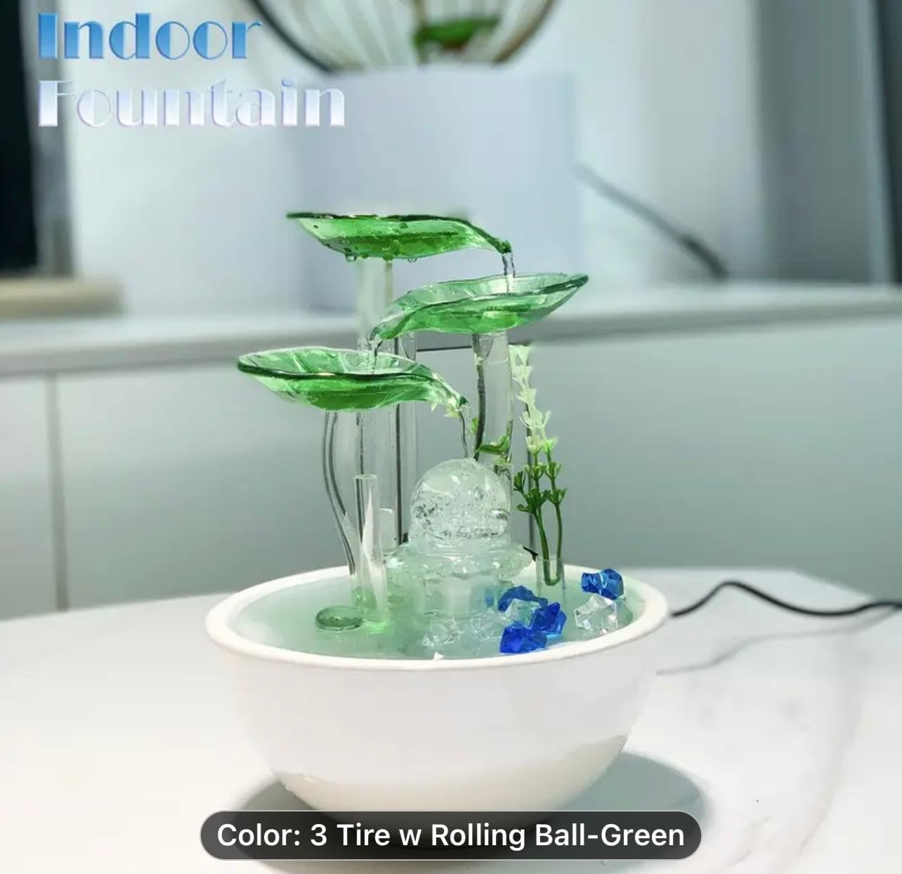 Tabletop Water Fountain with Glass Lily Pads, LED Light, White Ceramic Bowl