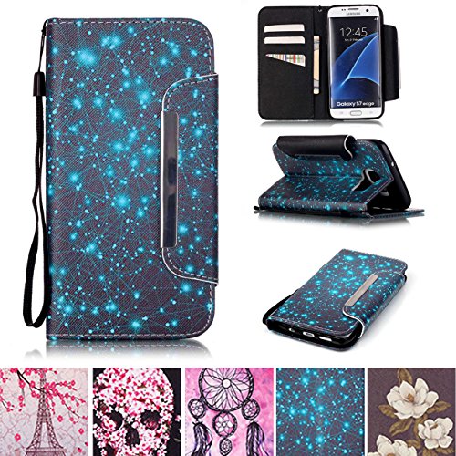 Galaxy S7 Edge Case, Kickstand Card Slots Cash Holder Dual Layer Impact Resistant Case Cover with Wrist Strap Magnetic Snap Closure for Samsung Galaxy S7 Edge- Starry