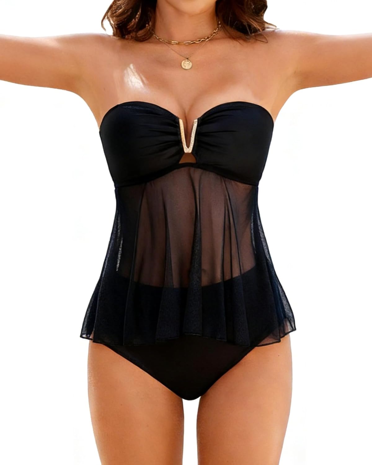 XUNYU Tankini Swimsuits for Women 2 Piece Mesh Bathing Suit Bandeau Tankinis Top High Waisted Tummy Control Swim Suits 2026