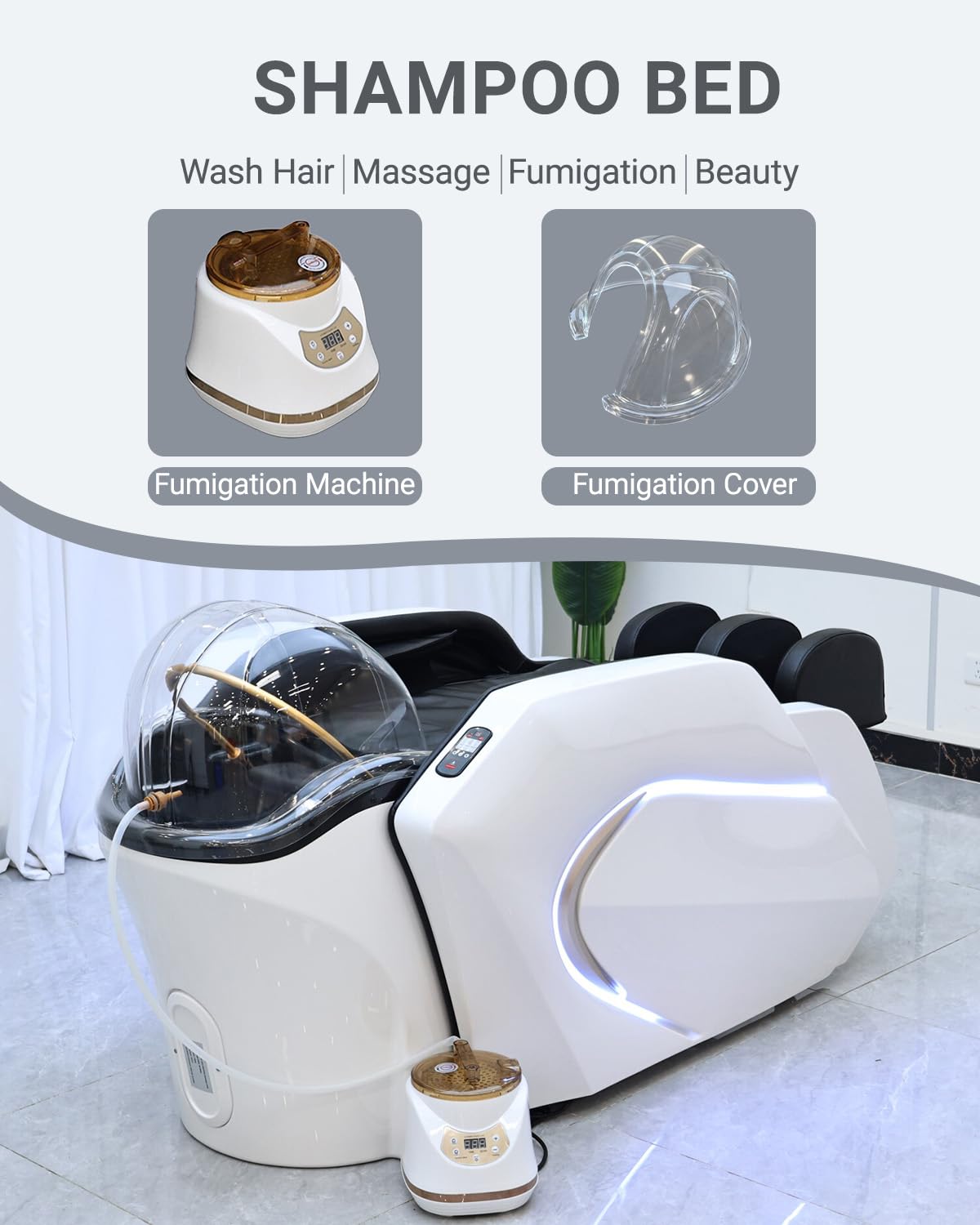 Lettino per massaggio elettrico con luce ambientale e cascata per la testa - Vaporizzatore per capelli intelligente, lettino per massaggio completo del corpo