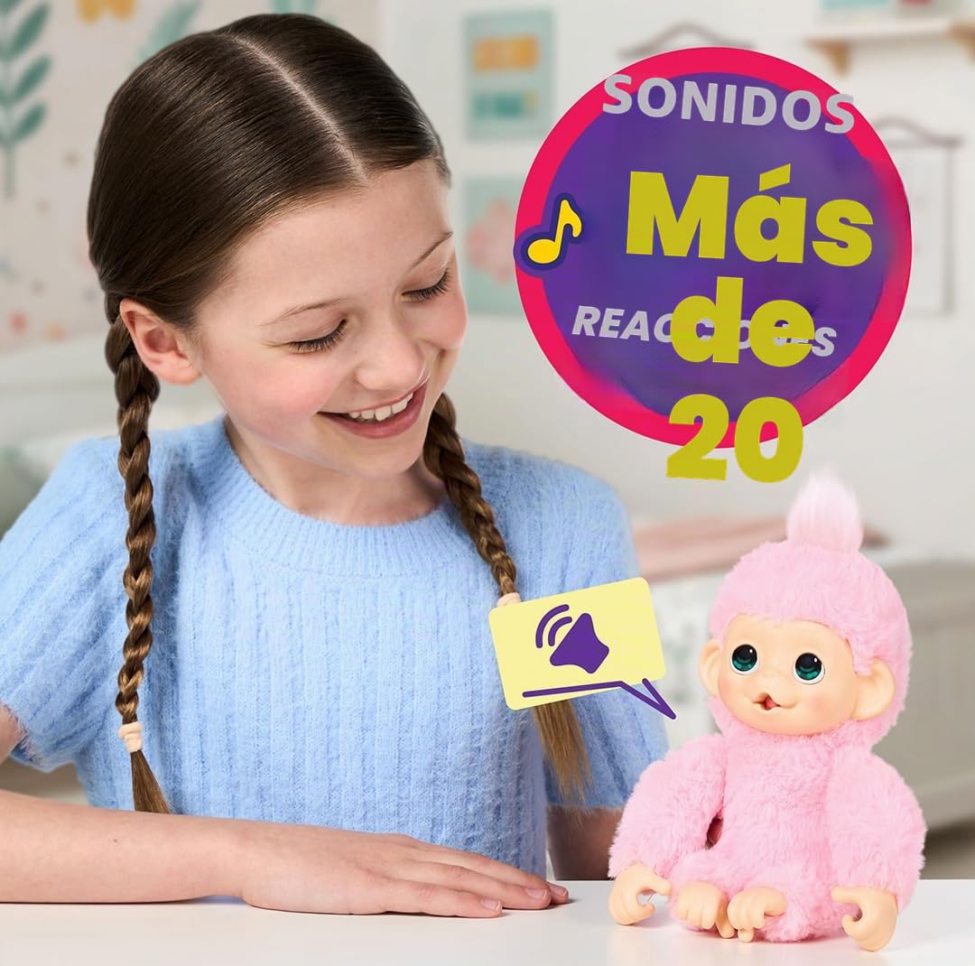 Little Live Pets Baby Monkey Minis – Luna Lemon, Juguete Interactivo, +20 Sonidos y reacciones, Suave Pelaje Rosa, 18,8 cm, Realista, Comer, cuidar, Manos y pies de Mono, 3 para coleccionar