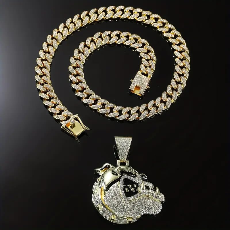 Bulldog Bull Dog Gold, Silver Plated Large Bling Pendant & 13mm 18" 20" 24" 30" Iced Cubic Zirconia Cuban Chain Hip Hop Jewelry Necklace Gift For Men, Women