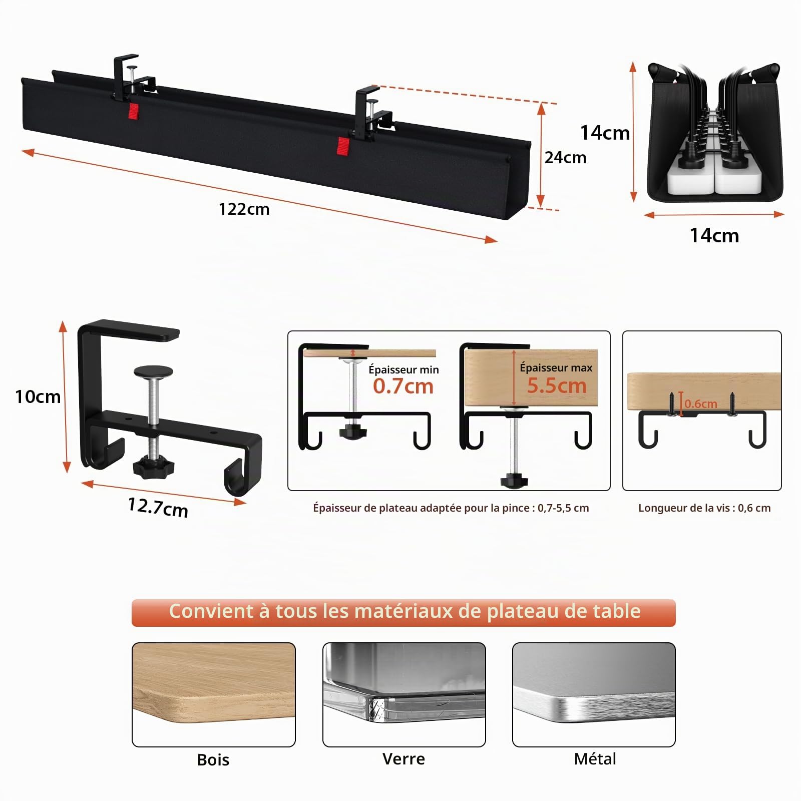 Univivi Plateau de gestion des câbles sous le bureau, 121,9 cm, sans perçage, pour la gestion des fils, organiseur de cordons à pince/vis, panier de câbles en tissu imperméable robuste pour bureau et
