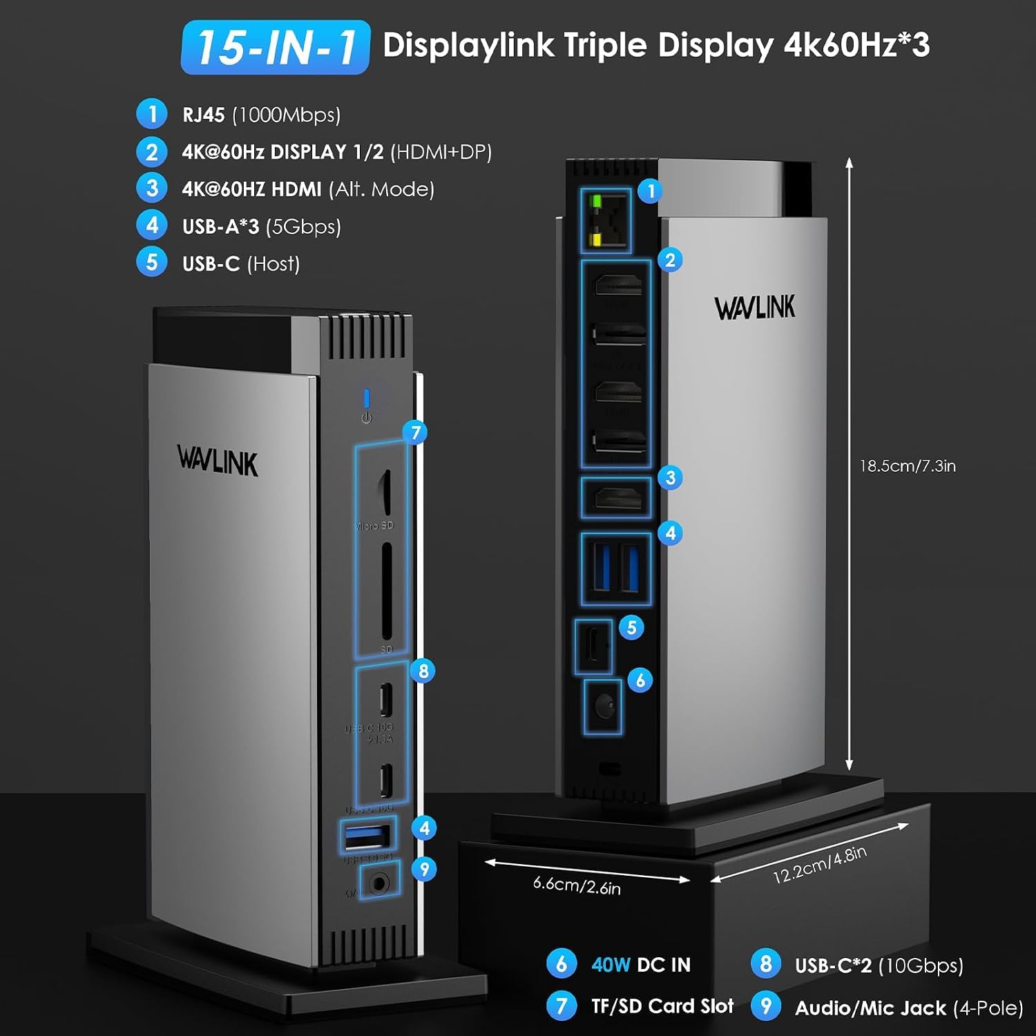 WAVLINK DisplayLink Docking Station,Triple Monitor 4K60Hz, 3HDMI,2DP