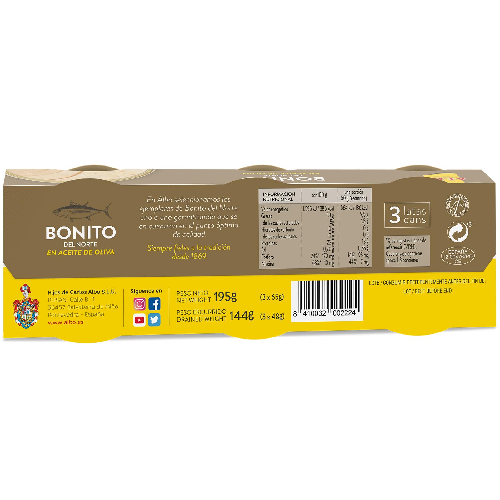 Albo Conserva de Bonito del Norte en Aceite de Oliva, Pack 3 Latas x 65 g