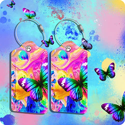 Image of Butterfly Leather Cruise Luggage Tags for Suitcases With Stainless Steel Loop Privacy Cover ID Label Travel Bag Luggage Identifiers for Women Men Travel, Set of 2