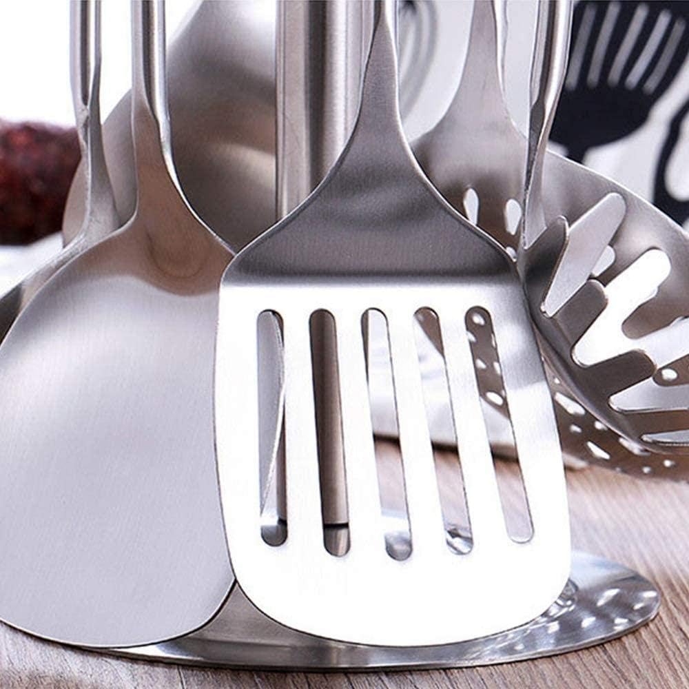 Juego de utensilios de cocina de acero inoxidable de 6 piezas con asas huecas, incluye espátula, cuchara de sopa, skimmer, pala para freír, cuchara de arroz para utensilios de cocina antiadherentes