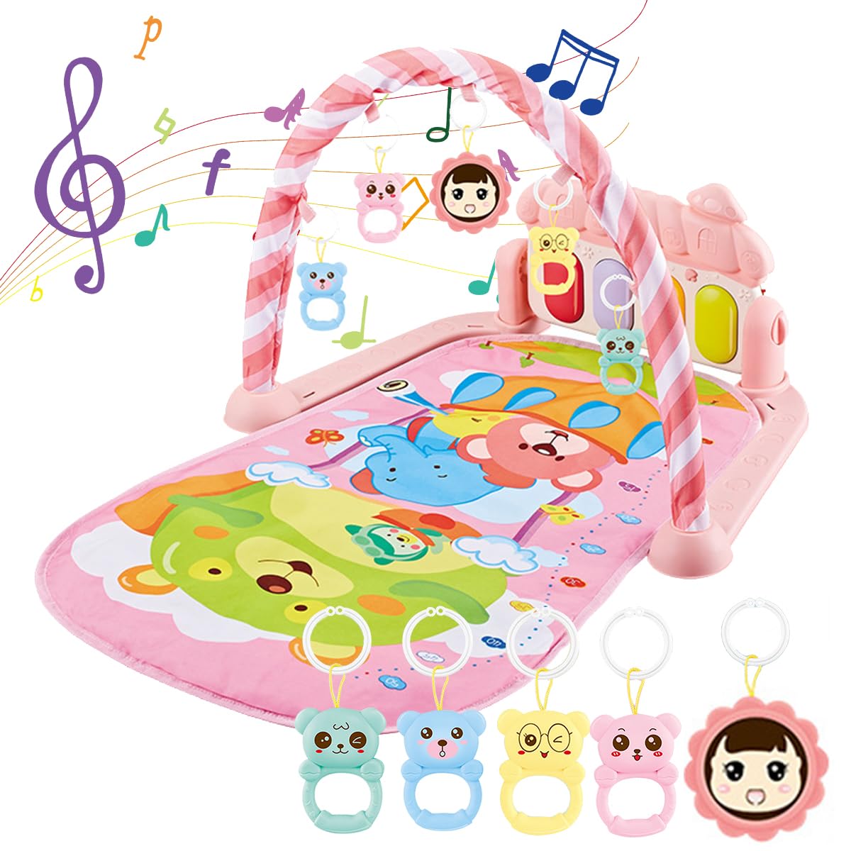 ECVV Baby Musical Gym & Crawling Mat Toy for Infants 12-36 Months with Height Ruler（Color: Pink）