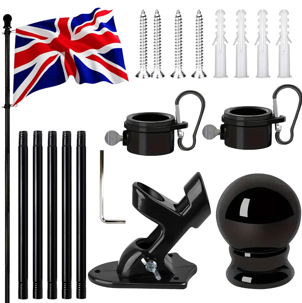 KUWUNG Flag Pole Kit, 6FT/1.8m Flag Poles for Garden, Sectional Stainless Steel Wall Mounted Flagpoles for Garden, Adjustable Flagpole for House Garden Yard Outdoor Fence Black