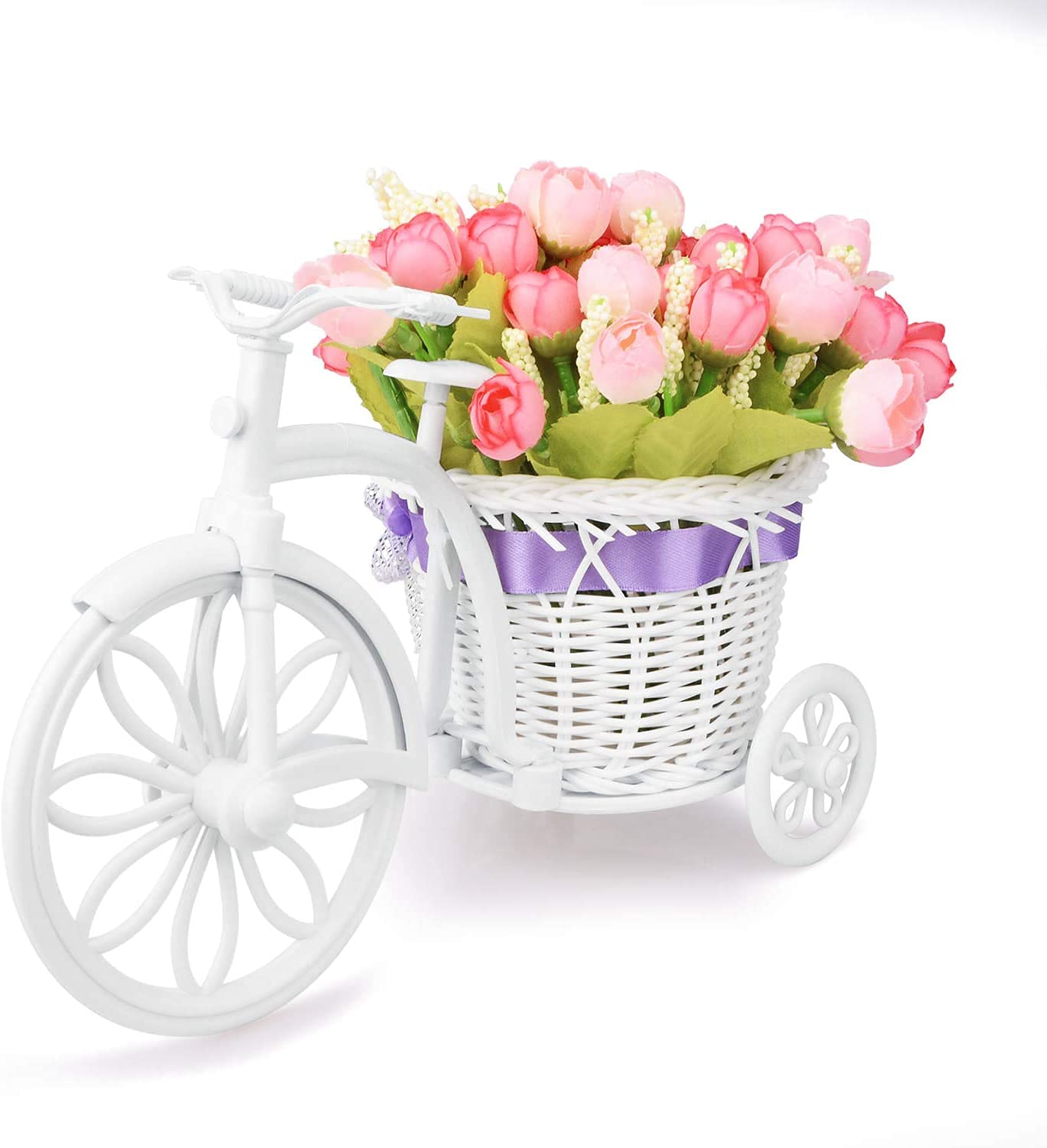 Takefuns Artificial Bicycle Flower Pot with Basket for Home Wedding Decoration, Plastic, Red, Small