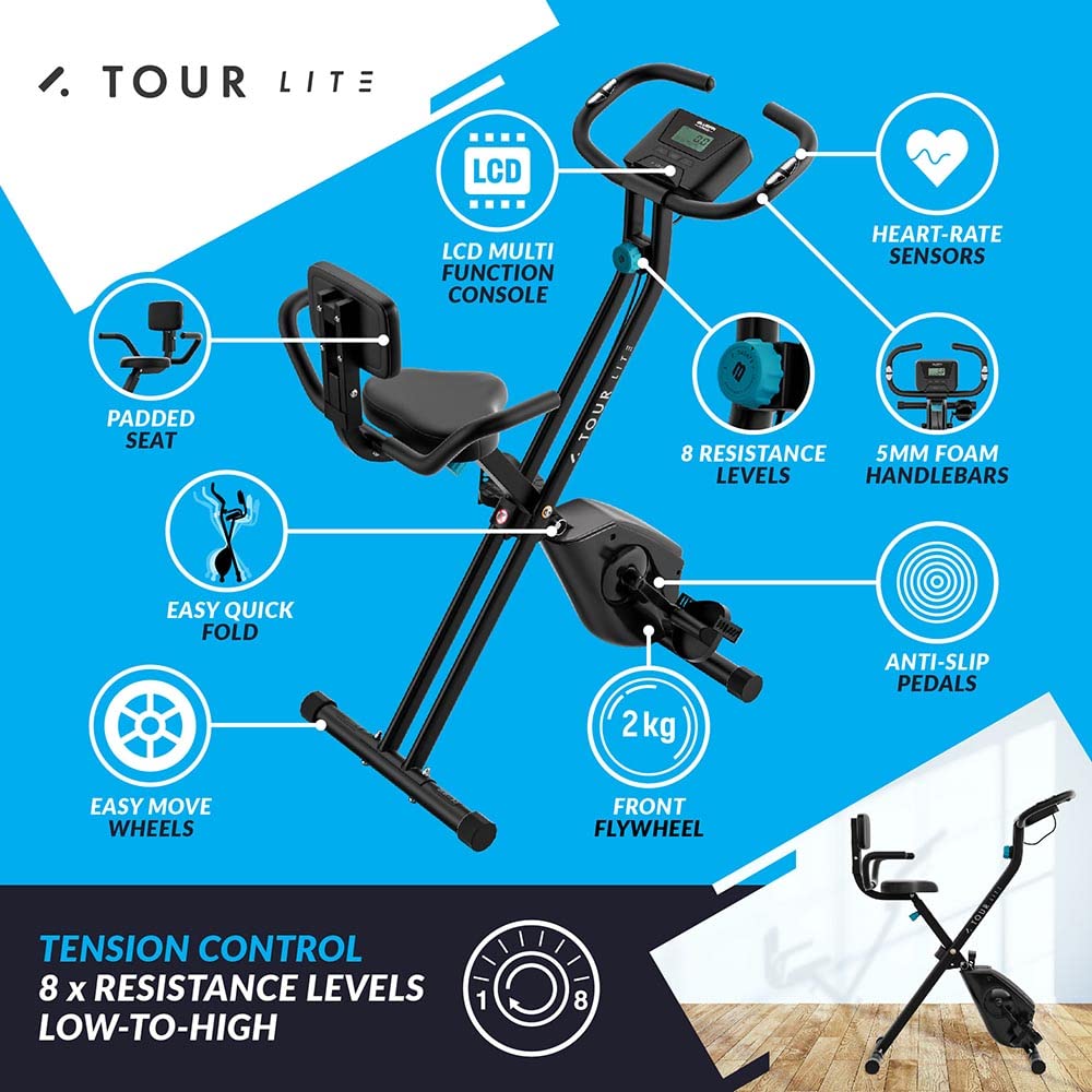 Bluefin Fitness Tour Lite Rower treningowy do użytku domowego, do użytku domowego, kompatybilny z Kinomap, składany rower domowy, konsola, magnetyczny rower treningowy, składany, szary