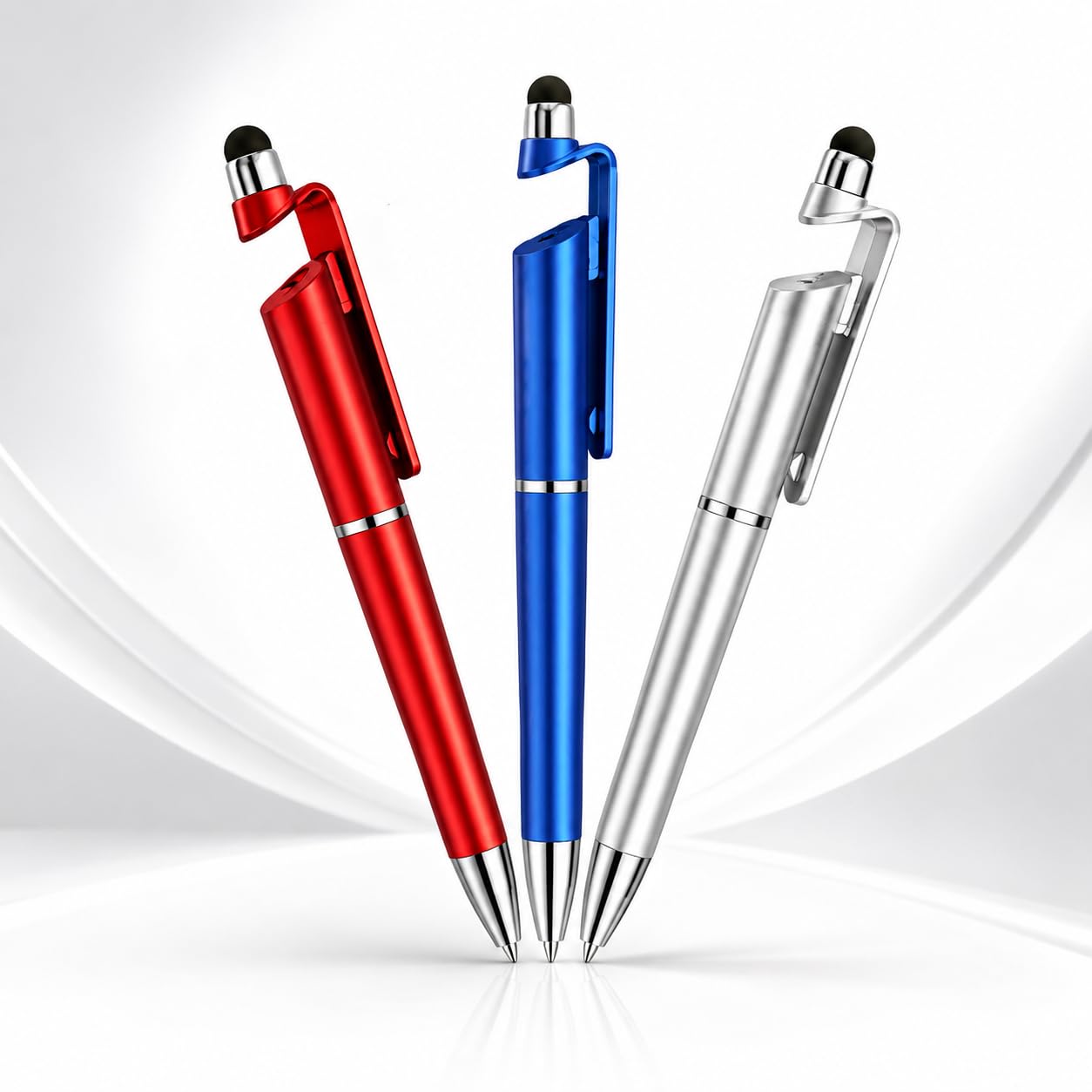 ORIONIS 3-in-1 Stylus Ball Pen Pack of 3 (Red, Blue & Silver) | Multifunction Metal Ballpoint Pen with Touch Screen Stylus & Built-in Mobile Stand | Twist Retractable Blue Ink-image-3