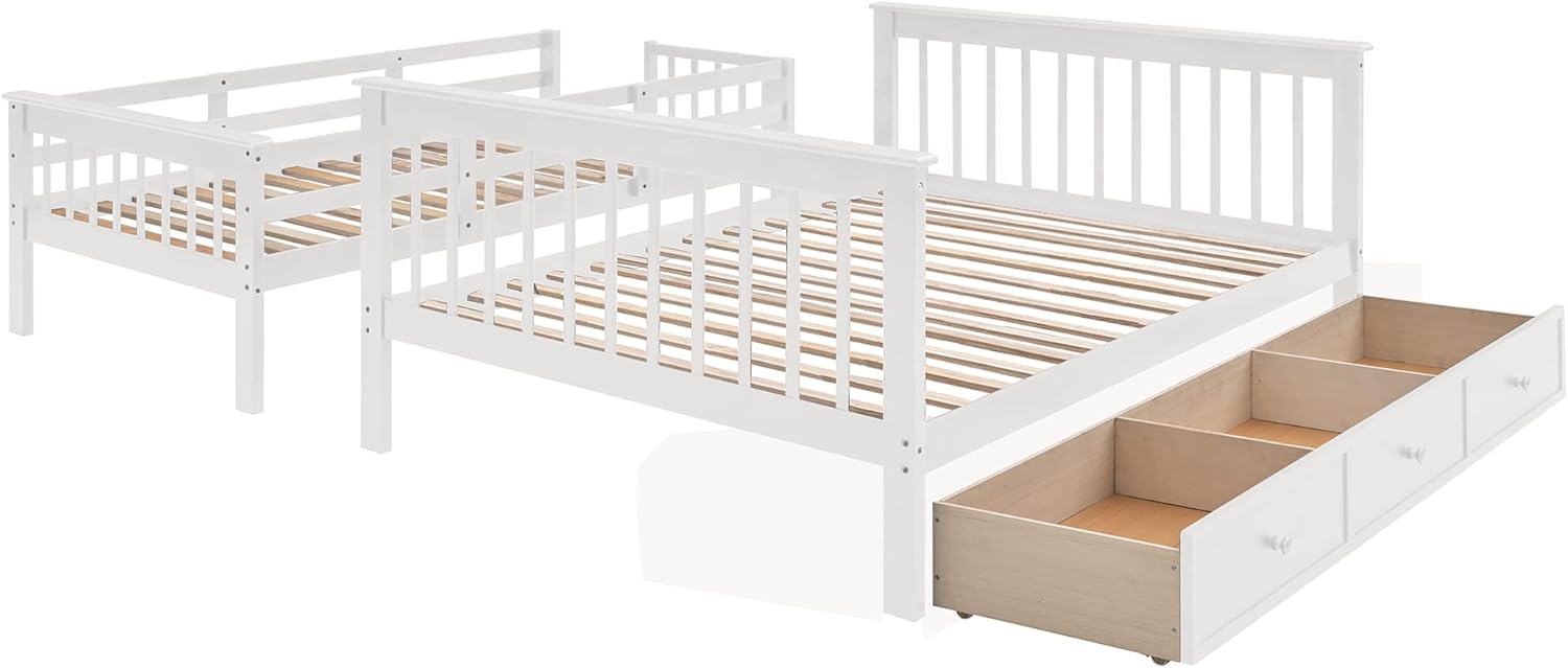 Harper & Bright Designs Wooden Bunk Bed with Stairway, Twin Over Full Bunk Bed with Storage Drawers, Twin Over Full Bunk Bed Frame with Stairs for Girls Boys(White)