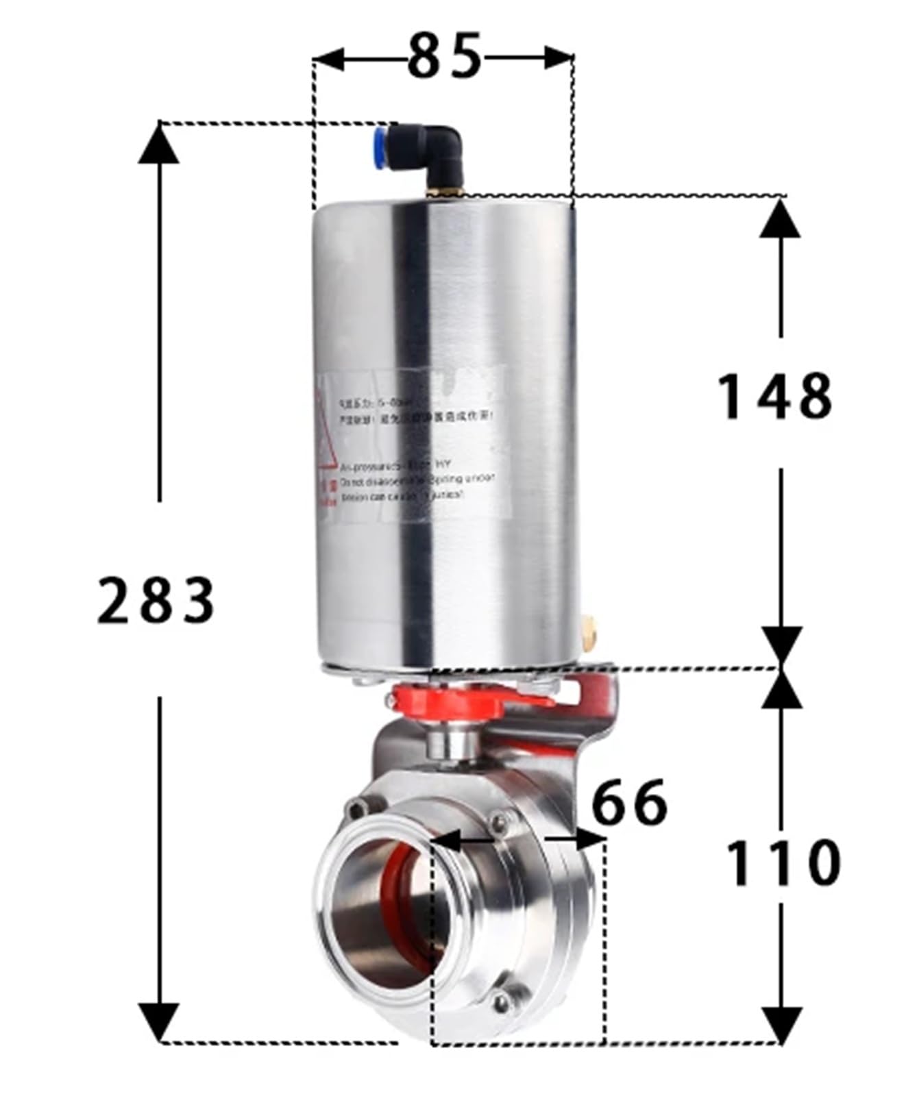 Válvula de Mariposa de 19-108 mm, 1,5", 2"-4", 304 y 316L con actuador neumático(38mmK50.5)
