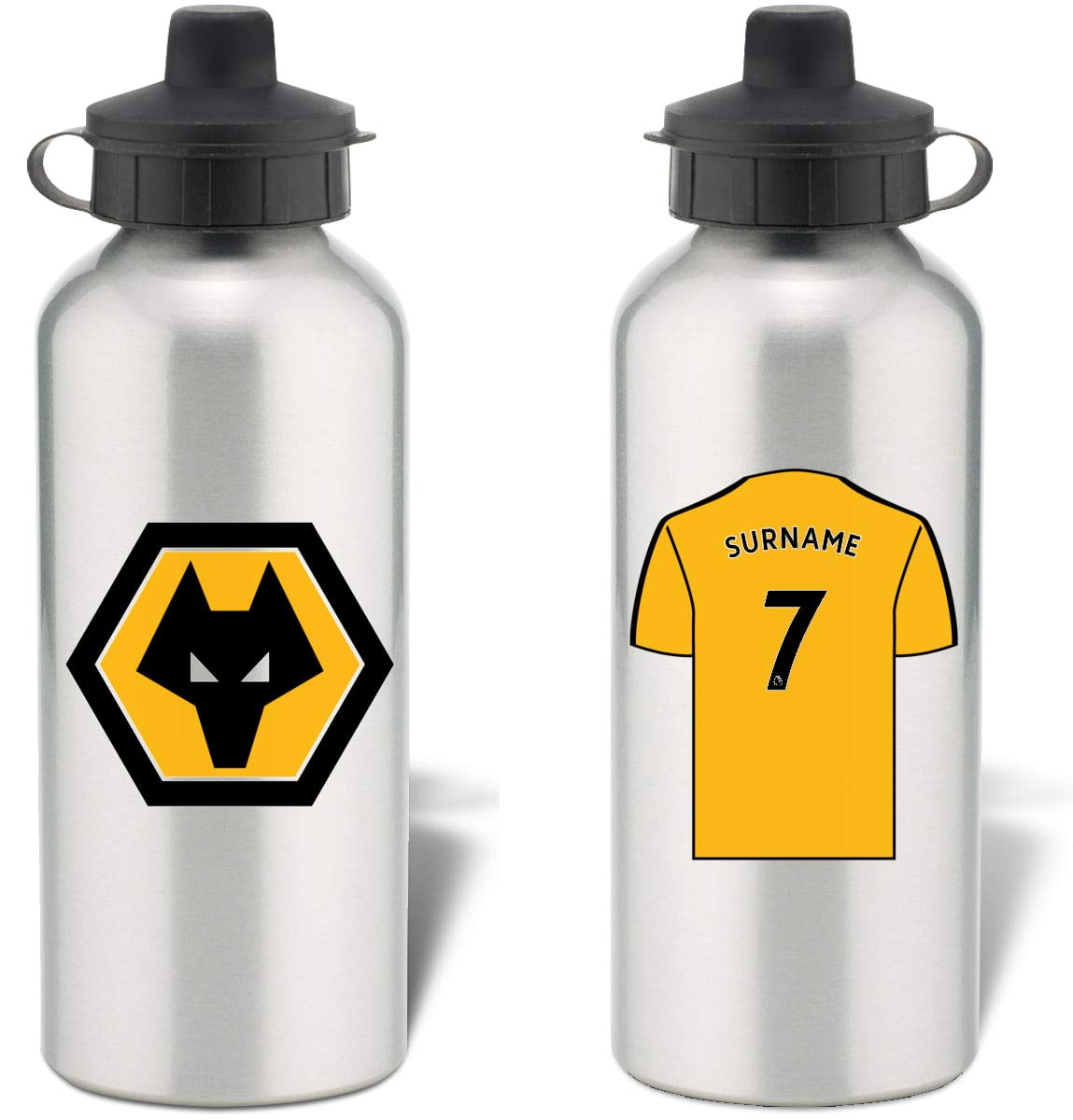 Wolverhampton WanderersWolverhampton Wanderers Personalised Football Shirt Design Aluminium Water Bottle FC fans - 600ml - Silver Bottle