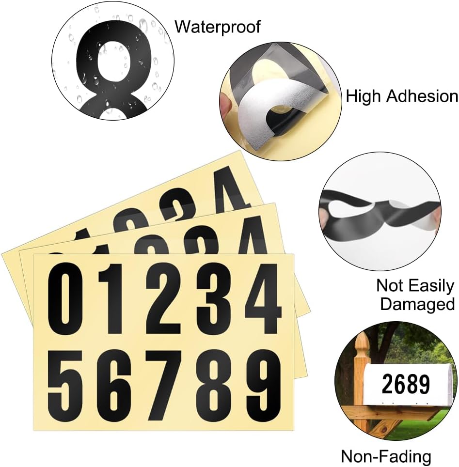 3 Sheets of Adhesive Numbers Weatherproof, 10 cm Numbers Stickers Large, 0-9 House Number Stickers, Reflective Vinyl Stickers, Numbers, Letterbox Number Stickers for Wheelie Bins, Door Signs, Storage