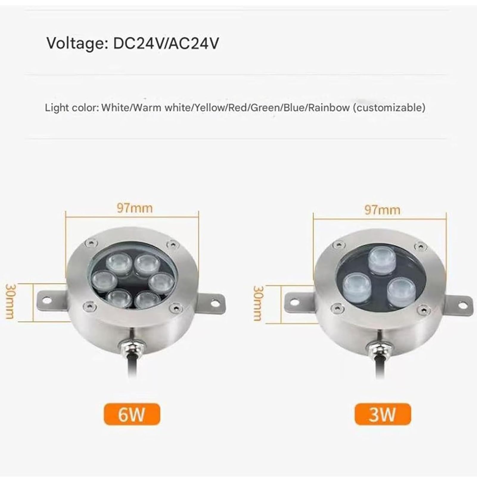 Zatapialne światło LED - cienkie lampy DC 24 V do basenu i fontanny, wodoszczelne IP68, stal nierdzewna, do akwarium, ogrodu i krajobrazu (żółte, 3 W (DC12V))