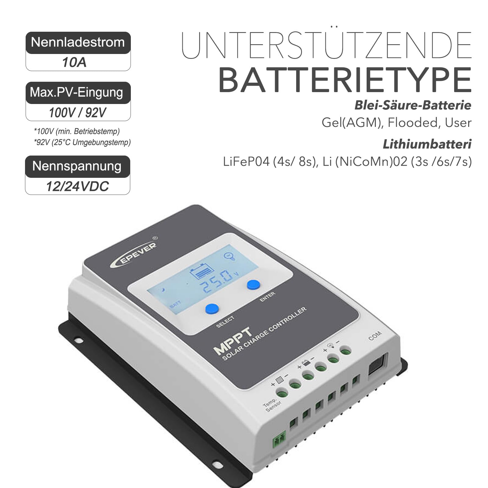 EPEVER® MPPT Tracer-AN G3 – Tracer1210AN G3 Regulator Ładowania, 10A, 12/24VDC auto work, PV 100V, Wyświetlacz LCD, Wspólne uziemienie ujemne
