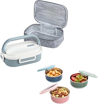 Lille Home Stainless Steel Bento Lunch Box with Insulated Bag & 7.5oz Dressing Containers Set of 3