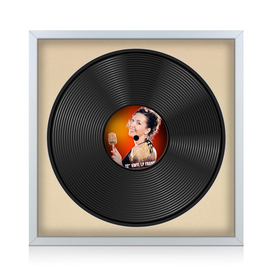 Procut Global 16x16" Silver Vinyl Record Frame for 12 Inch LP Disc - Round Sleek Display Photo Frame for Vinyl CD Records - Engineered Wood with Shatterproof Perspex Front - Ivory Mount