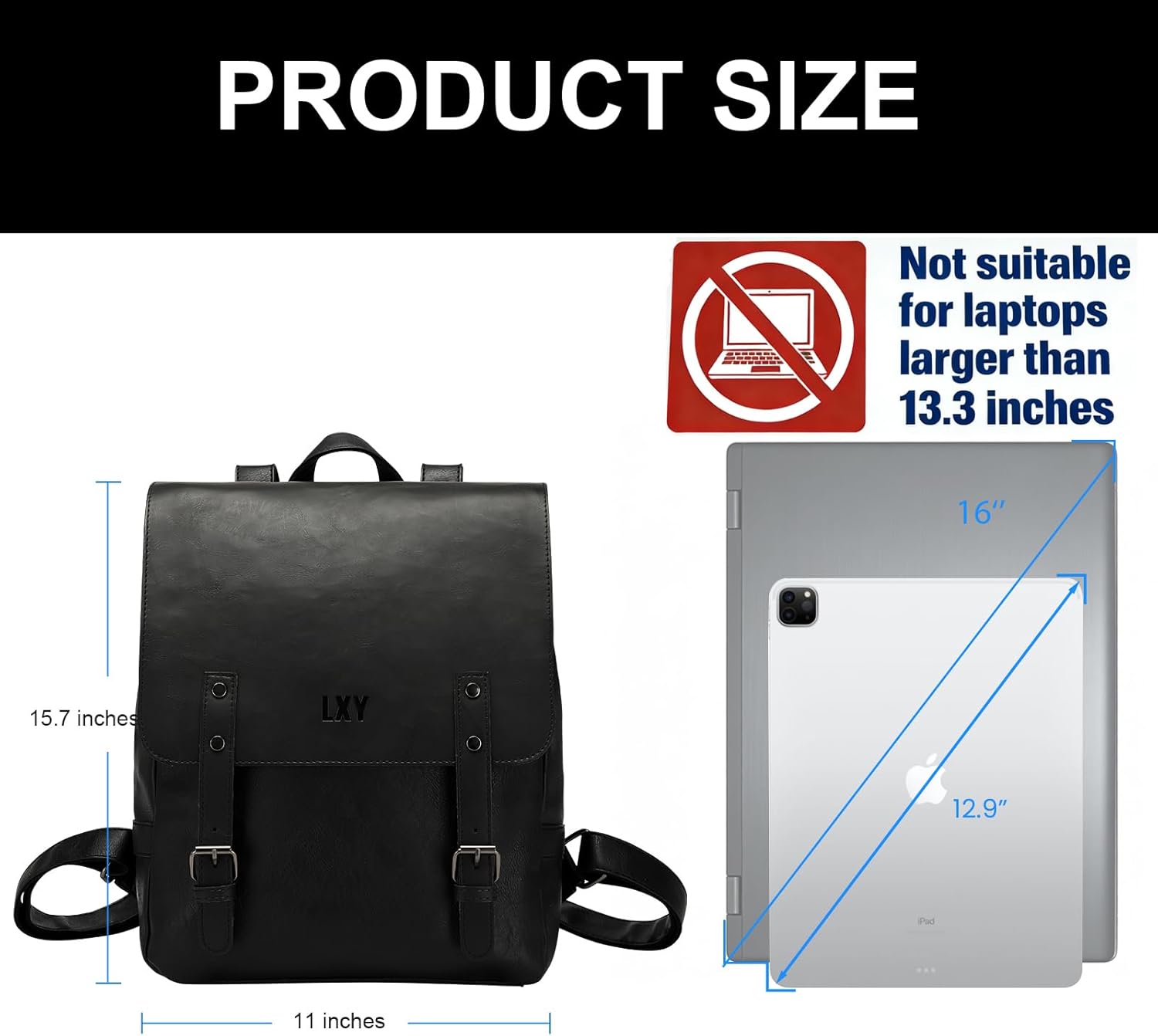 LXY Vegan Leather Backpack Vintage Laptop Bookbag for Women Men, Black Faux Leather Backpack Purse Bookbag Weekend Travel Daypack