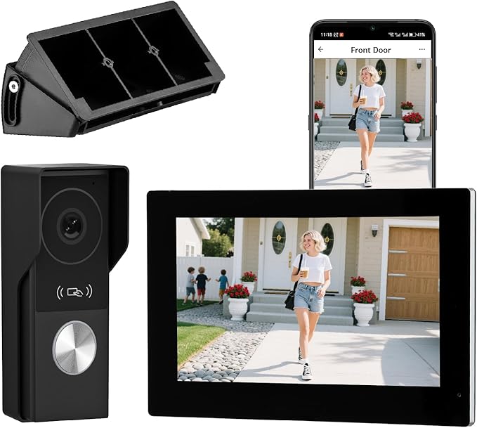 Honmidatek Kit de Videoportero con conexión de 2 Hilos, Timbre Video Mirilla y 7'' Monitor Táctil a Color, Desbloqueo Remoto de Puertas y Puertas, Detección de Personas y Audio Bidireccional