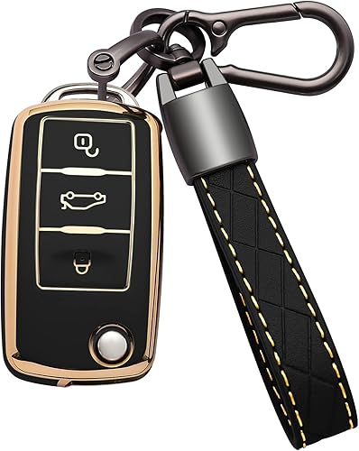Kespevn Funda para llavero VW Volkswagen de 3 botones con llavero de cuero, TPU suave, protección de 360 grados, funda para llave de automóvil,