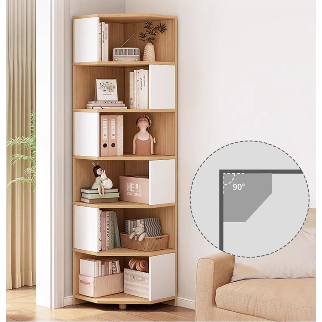 Amazon｜6段無垢材コーナーシェルフ、背の高い狭い本棚収納ラック