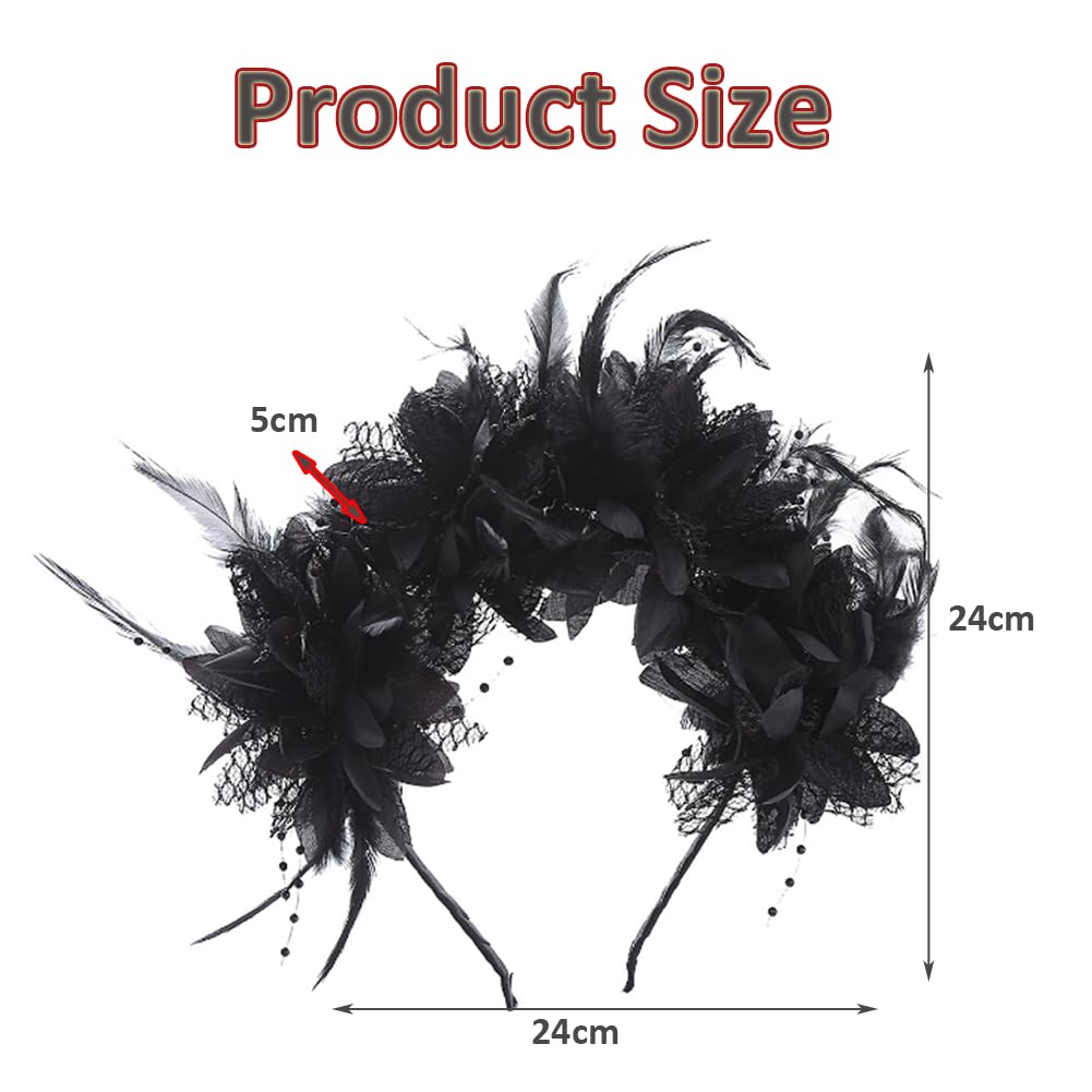 Gothic Floral Headband Black Rose Lace Hair Crown with Feathers Halloween Head Wear Party Photo Props Accessory - Image 2