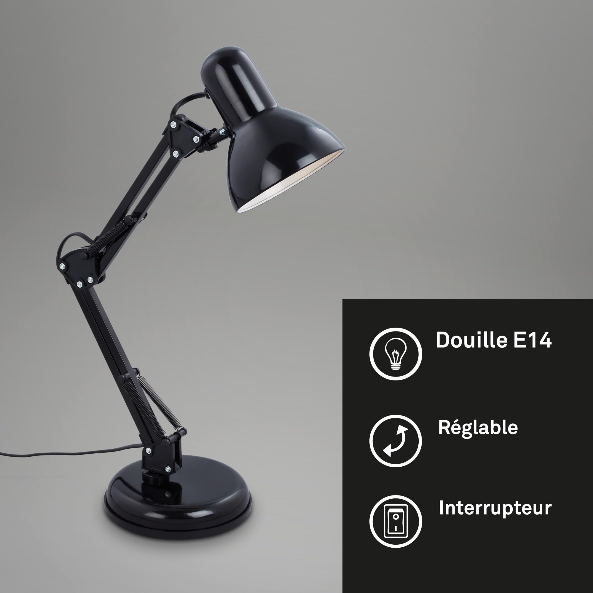 BRILONER - Lampe de bureau orientable, lampe de table avec interrupteur à fil, lampe de table rétro douille E14, 546x224 mm (DxH), noir