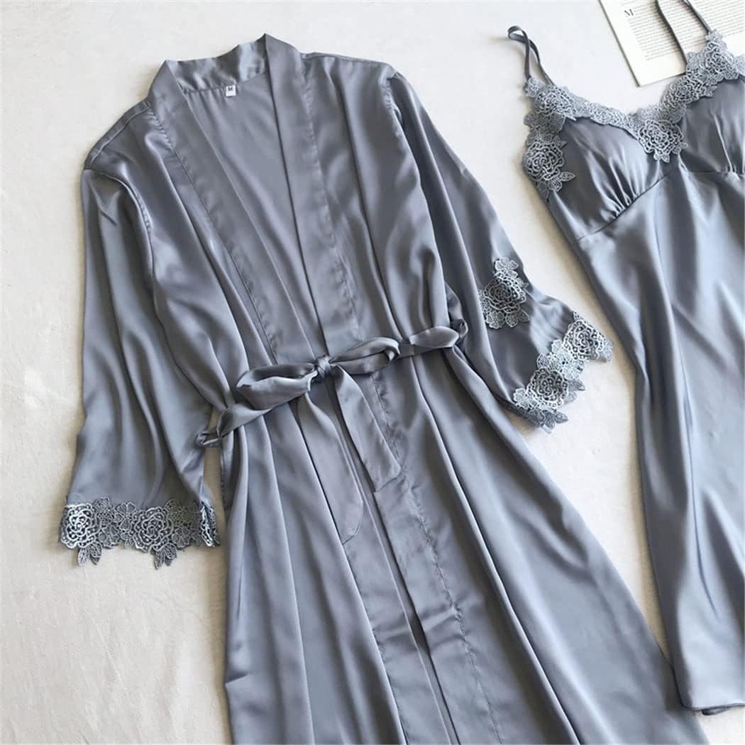Haitpant Gray Nightgown Set Women Lace Nightwear V-Neck Pajamas Suit Homewear Spring Sleepwear Robe Gown Pijama Negligee