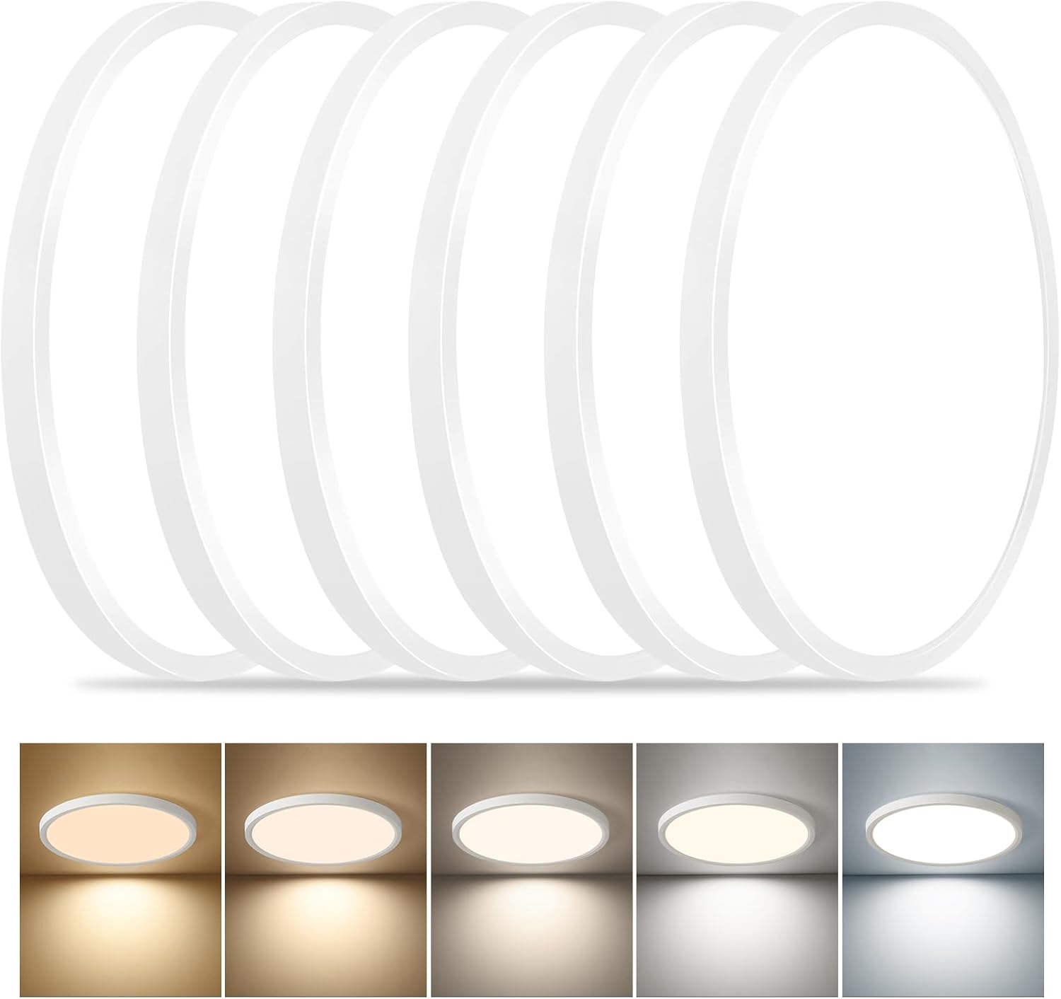 6PK Dimmable 12 Inch LED Flush Mount Ceiling Light, 24W, 2520LM, 2700K/3000K/4000K/5000K/6000K CCT Selectable, White Round Flat Panel Light Low Profile Ceiling Lamp for Bedroom/Kitchen/Living Room