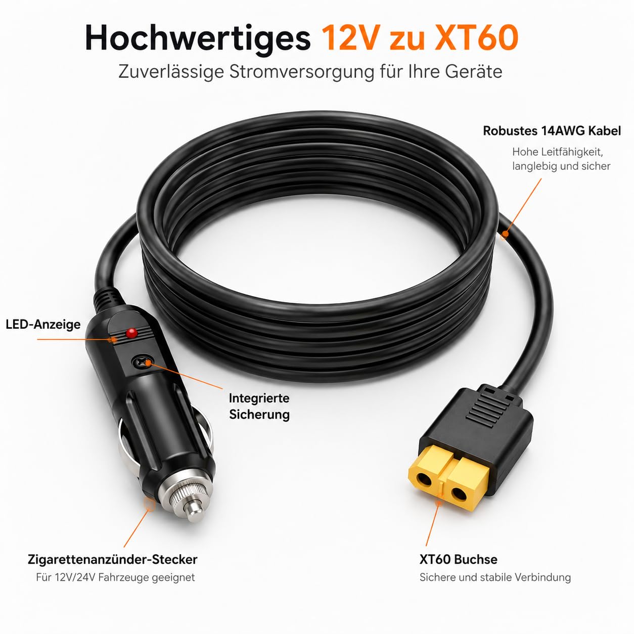 Powice Gniazdo zapalniczki samochodowej na XT60 kabel 1,5 m, 14 AWG kabel do ładowania 12 V/24 V z bezpiecznikiem 10 A, kabel do ładowania samochodowego XT60, gniazdo do stacji zasilania, generatora