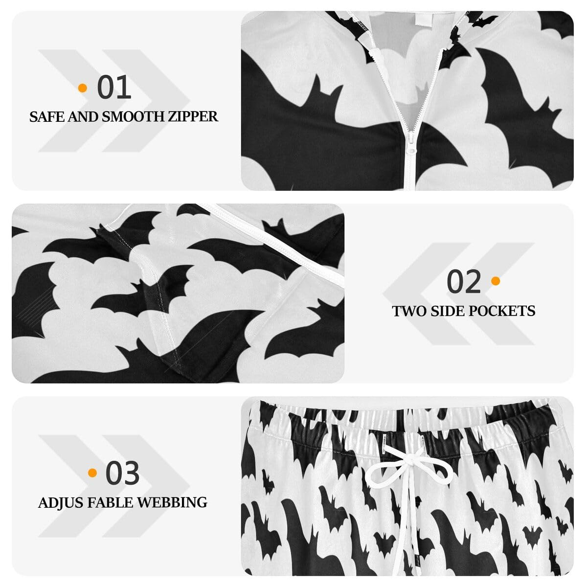 Conjunto deportivo de 2 piezas para mujer, diseño de murciélagos de Halloween, color blanco y negro, conjunto deportivo de manga larga para Halloween, gótico
