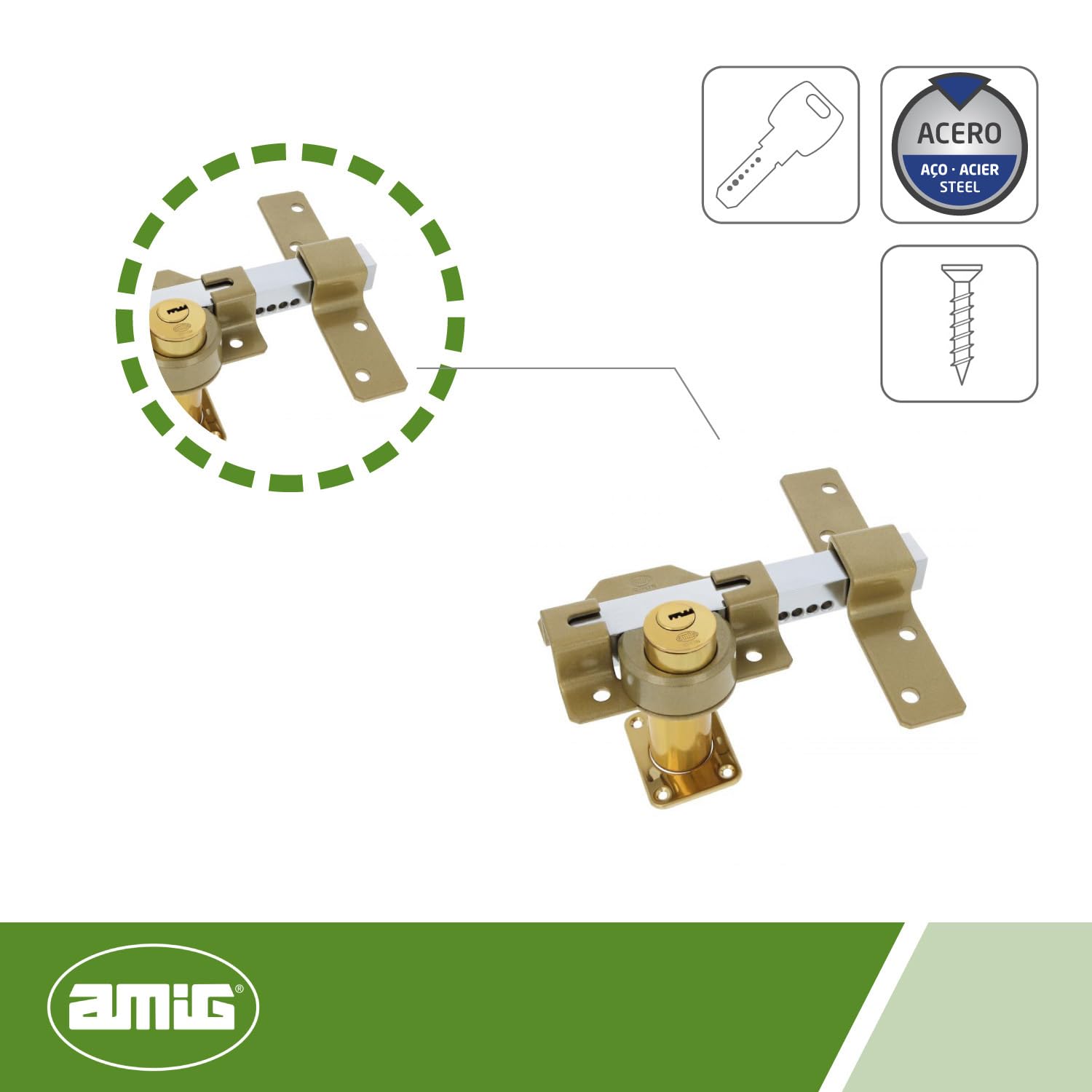 Amig - Zamek z okrągłym cylindrem wewnętrznym i zewnętrznym Mod. 4 | 105 x 170 mm | Blokada bezpieczeństwa z kluczem | Zawiera 5 kluczy punktowych | Stal Martelé