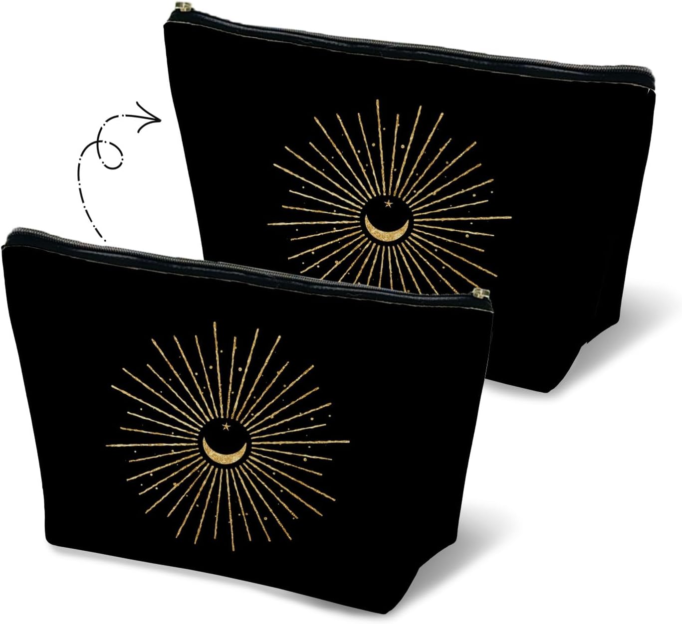 Boho Black and Gold Sun and Moon Makeup Bag for Purse, Witchy Celestial Cosmetic Bag Travel Toiletry Bag for Women, Witchy Astrology Gifts for Women Zipper Makeup Pouch