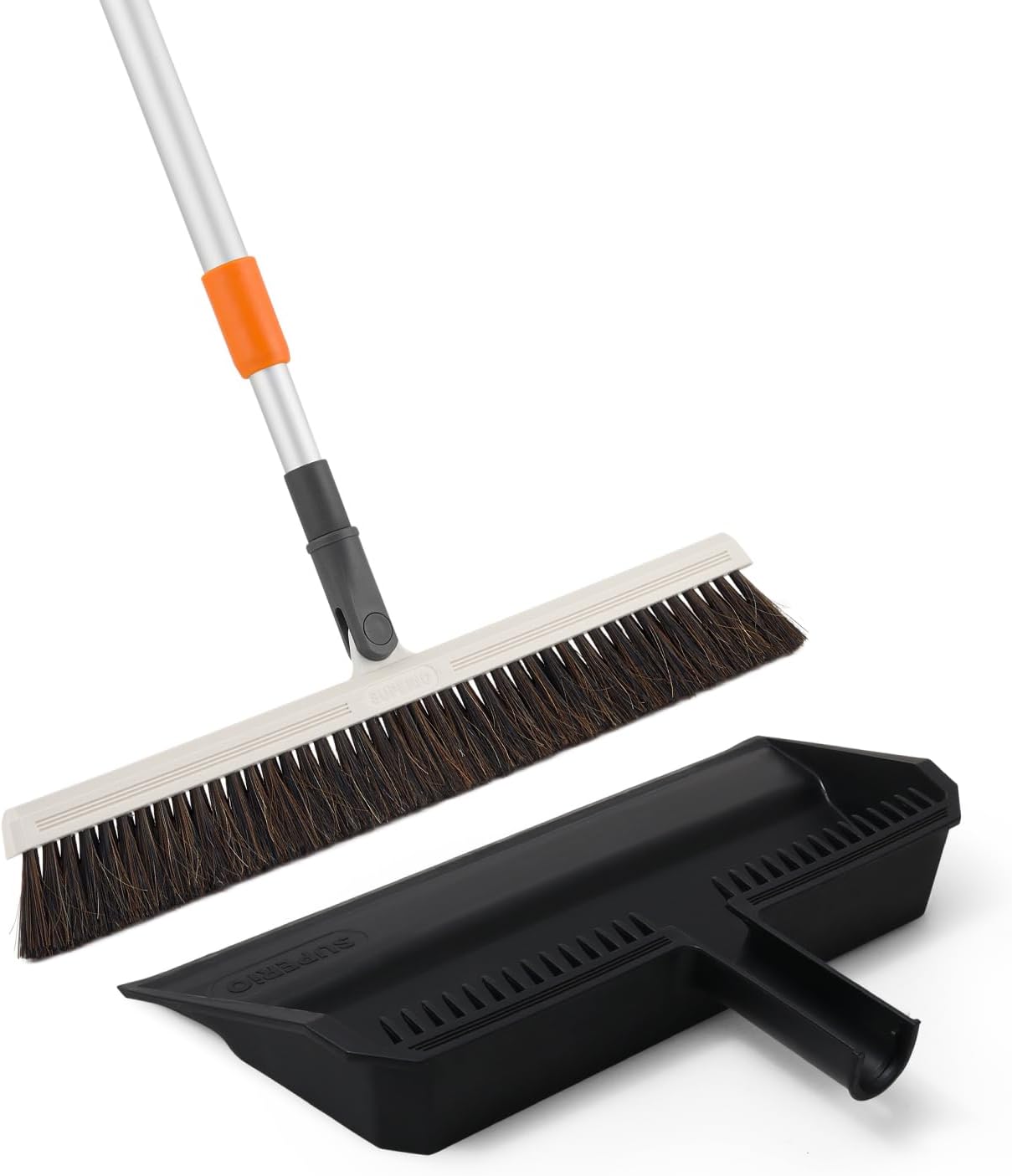 Superio 18" Horse Hair Upright Broom with Telescopic Handle & 16" Black Dustpan with Comb, Rubber Lip & Clip – Narrow Thin Dust Broom for Dog Hair – Hardwood & Tile Floor Cleaning Set – Gray/Black