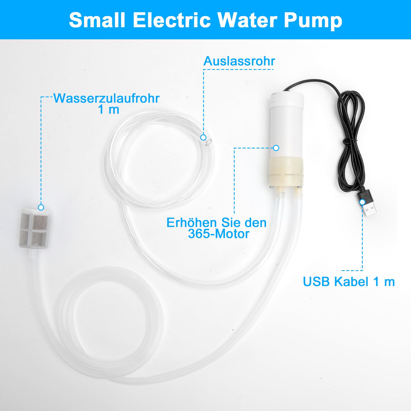 HENGBIRD Pompe à eau USB Mini DC Auto-amorçante – 5 V Petite Pompe Silencieuse avec Tuyau PVC 1 m & filtre en Pierre, Pompe de Circulation Portable pour Aquarium, Jardin, Camping